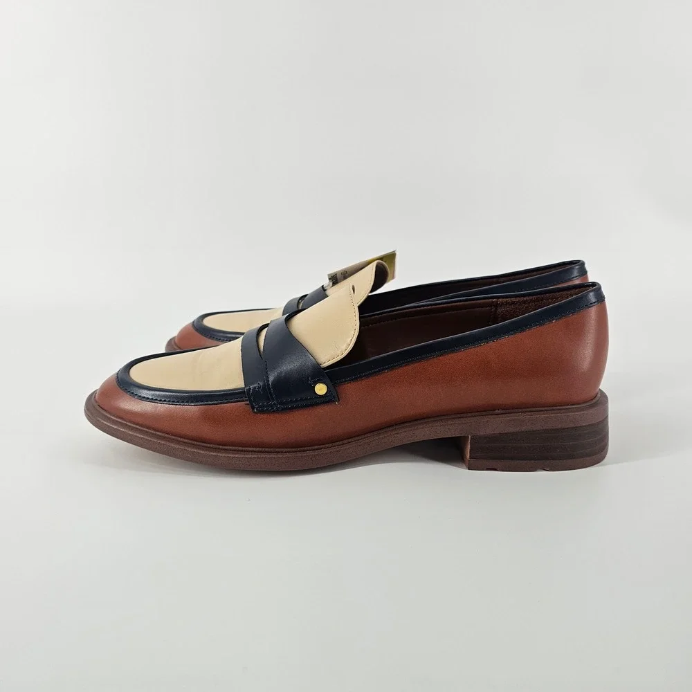 Franco Sarto Edith Penny Loafers Womens 8.5 Brown Navy Colorblock Preppy NWOB